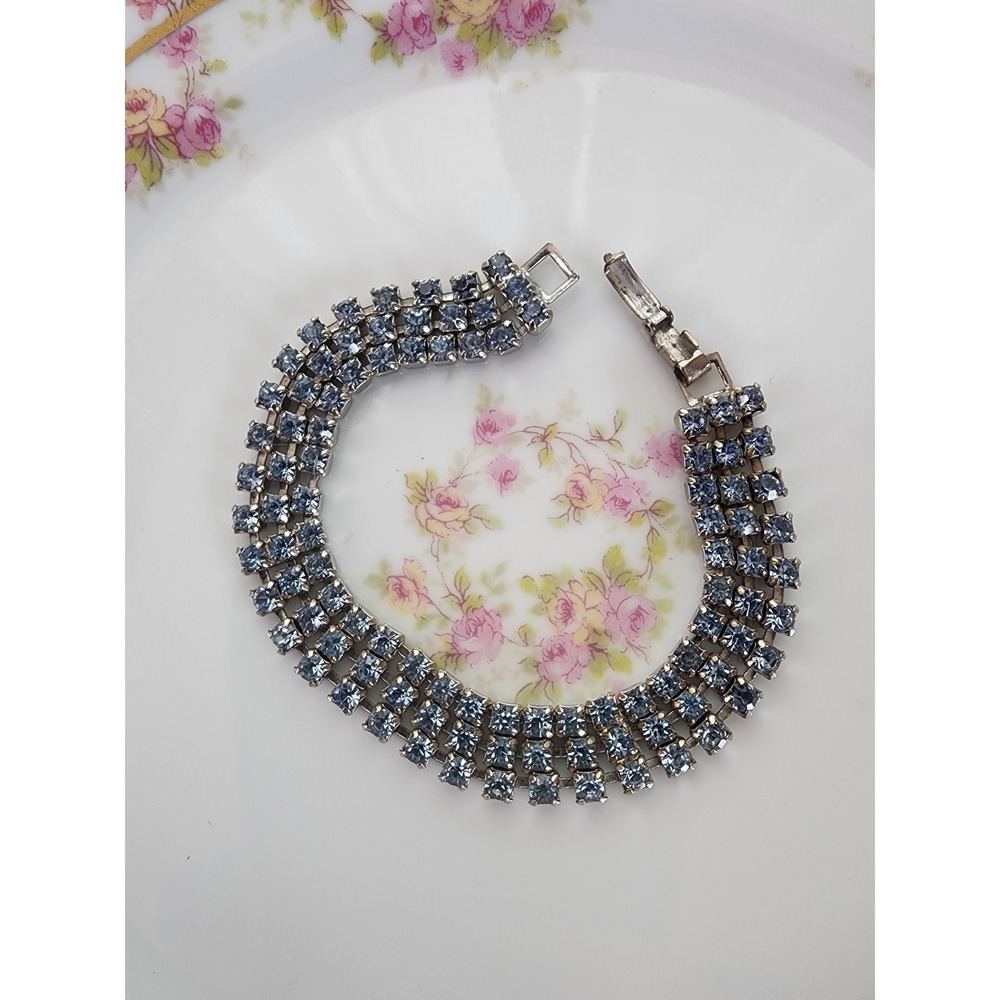 Vintage Triple Strand Light Blue Rhinestone Tennis Bracelet Silver Tone Glam